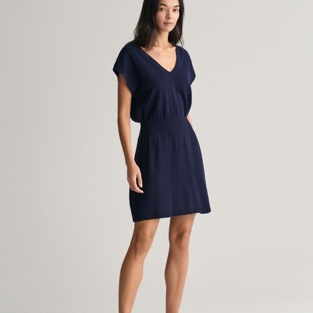 GANT Navy Blue Linen Cotton Silk Knit Short Sleeve V-Neck Relaxed Mini Dress